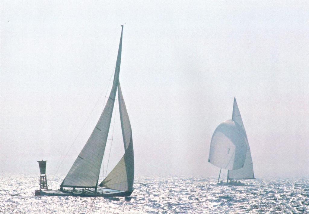 The Bill Ficker skippered Intrepid leads Gretel II in the 1970 America’s Cup on another foggy Newport, RI day. © Paul Darling Photography Maritime Productions www.sail-world.com/nz